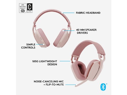 Logitech Zone Vibe 100 Lightweight Wireless Over Ear Headphones with Noise Canceling Microphone, Advanced Multipoint Bluetooth Headset, Works with Teams,Mac/PC...(Rose)