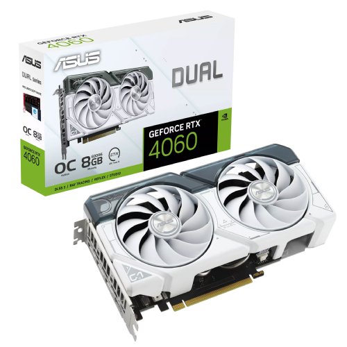 Asus Dual Geforce RTX 4060 White OC Edition 8GB GDDR6 with two Powerful Axial-Tech Fans and A 2.5-Slot Design for broad compatibility.