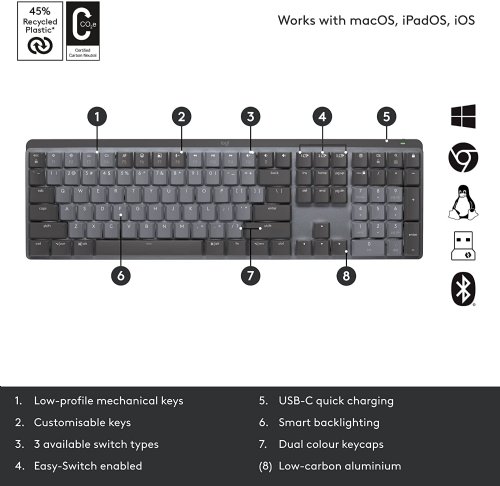 Logitech MX Mechanical Wireless Illuminated Performance Keyboard, Linear Switches, Backlit Keys, Bluetooth, USB-C, macOS, Windows, Linux, iOS, Android, Met...