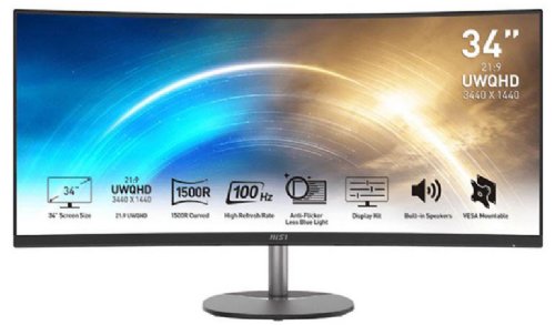 MSI Pro MP341CQ 34" VA Panel 3440 X 1440 (WUQHD) Monitor, Non Glare with Narrow Bezel, 21:9, 250CD / M2, 1MS (MPRT) / 4MS (GTG), 2 (V1.4B), 1 (V1.2A), 24 Months, Matte Black..