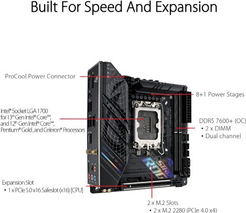 ASUS ROG Strix B760-I Gaming WiFi Intel B760(13th and 12th Gen) LGA 1700 mini-ITX motherboard, 8 + 1 power stages, DDR5 up to 7600 MT/s, PCIe 5.0, two M.2 slots, WiFi 6E...