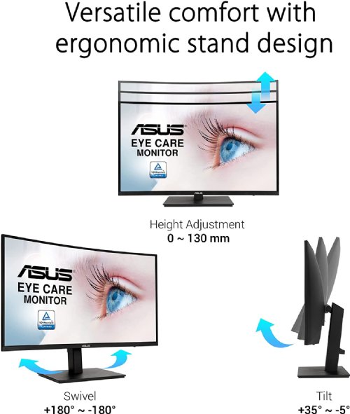 ASUS  27" 1080P Full HD 75Hz Curved Monitor, 1ms, FreeSync, Low Blue Light, Flicker Free, VESA Mountable, Frameless, HDMI, DisplayPort, HDR-10...